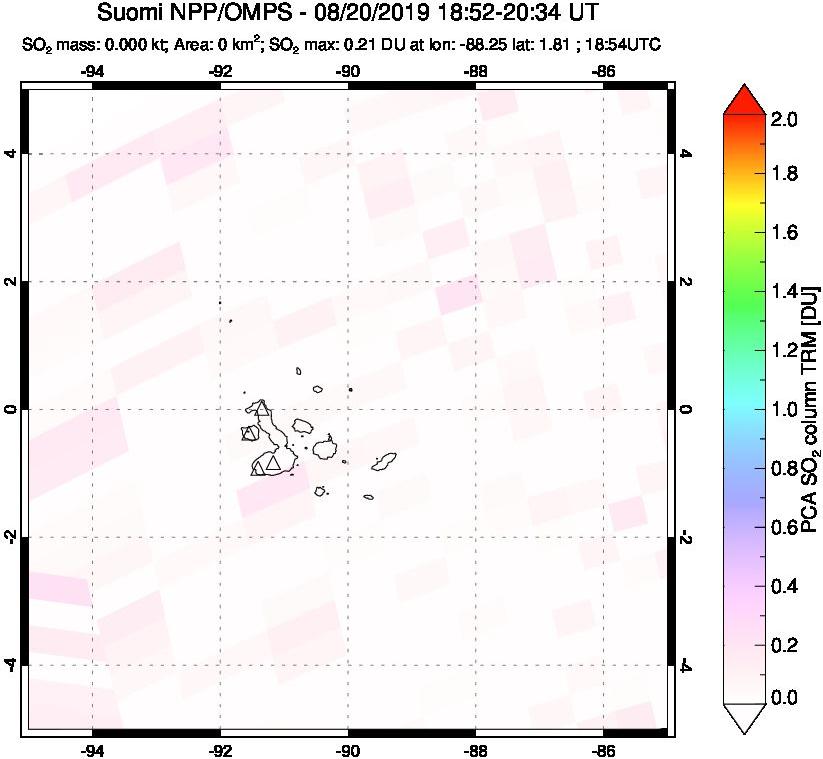 A sulfur dioxide image over Galápagos Islands on Aug 20, 2019.