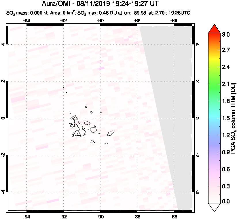 A sulfur dioxide image over Galápagos Islands on Aug 11, 2019.