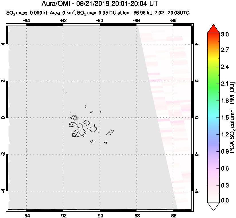 A sulfur dioxide image over Galápagos Islands on Aug 21, 2019.