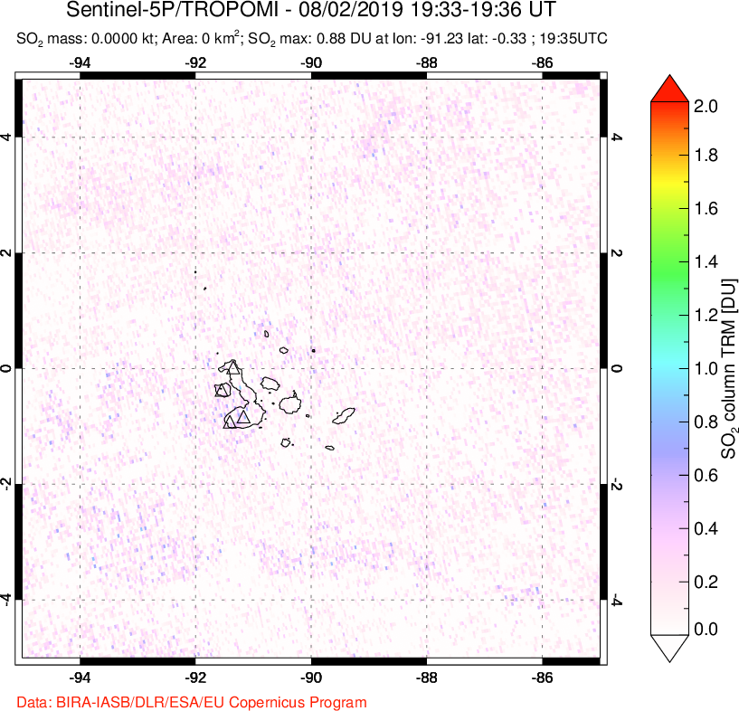 A sulfur dioxide image over Galápagos Islands on Aug 02, 2019.