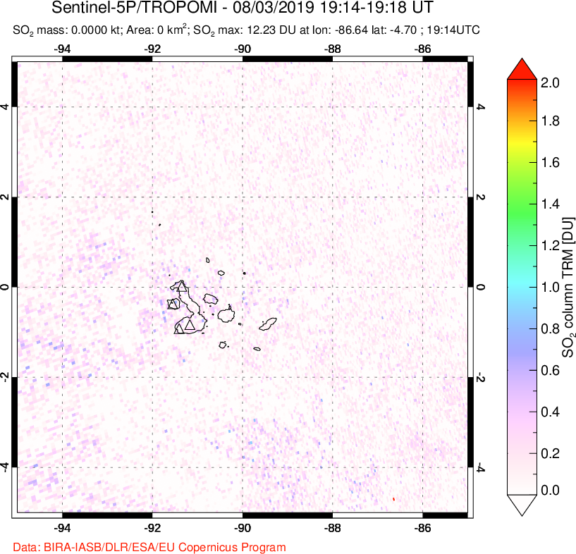 A sulfur dioxide image over Galápagos Islands on Aug 03, 2019.