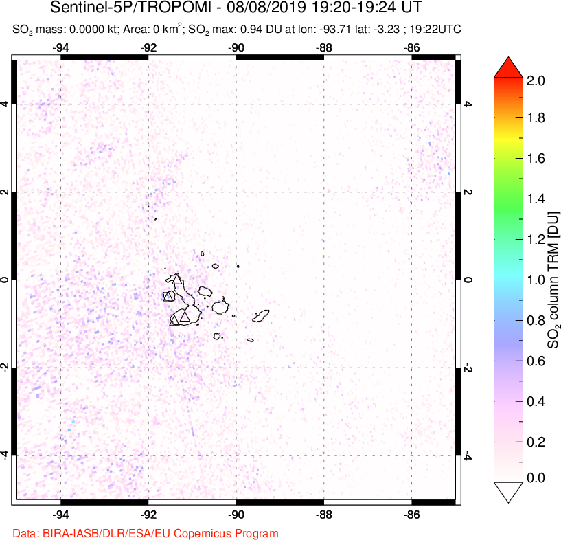A sulfur dioxide image over Galápagos Islands on Aug 08, 2019.