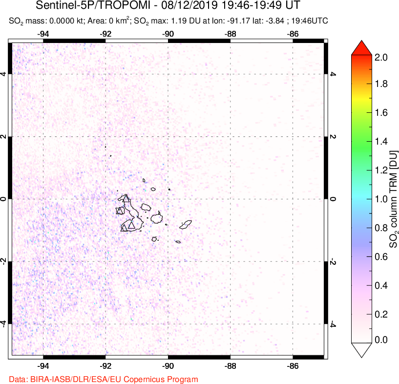 A sulfur dioxide image over Galápagos Islands on Aug 12, 2019.