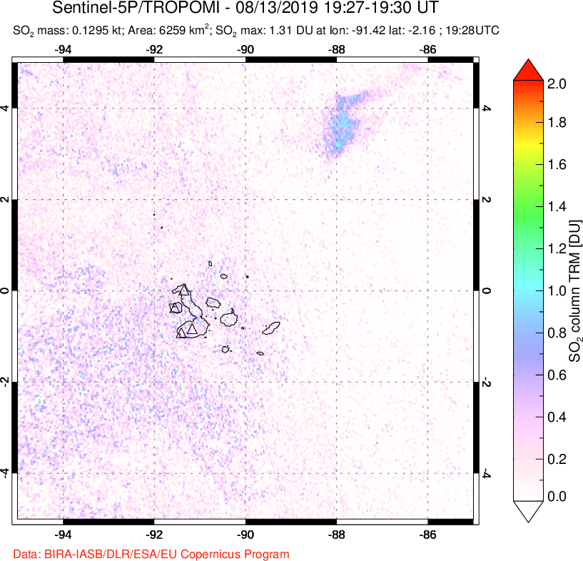 A sulfur dioxide image over Galápagos Islands on Aug 13, 2019.
