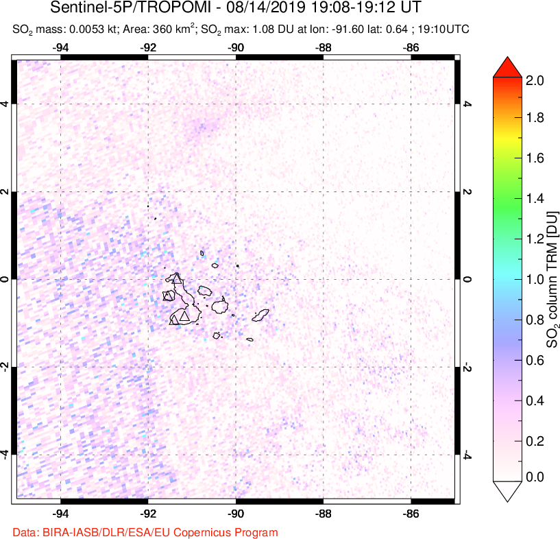 A sulfur dioxide image over Galápagos Islands on Aug 14, 2019.