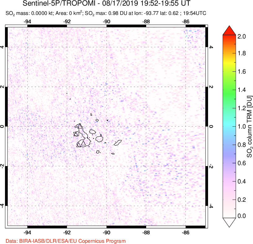 A sulfur dioxide image over Galápagos Islands on Aug 17, 2019.