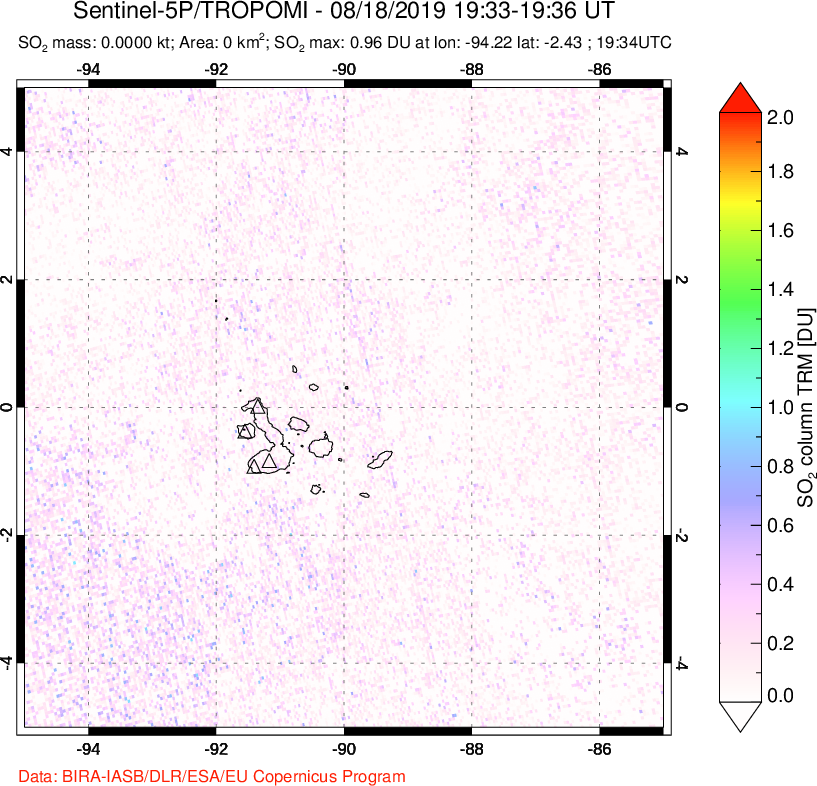 A sulfur dioxide image over Galápagos Islands on Aug 18, 2019.