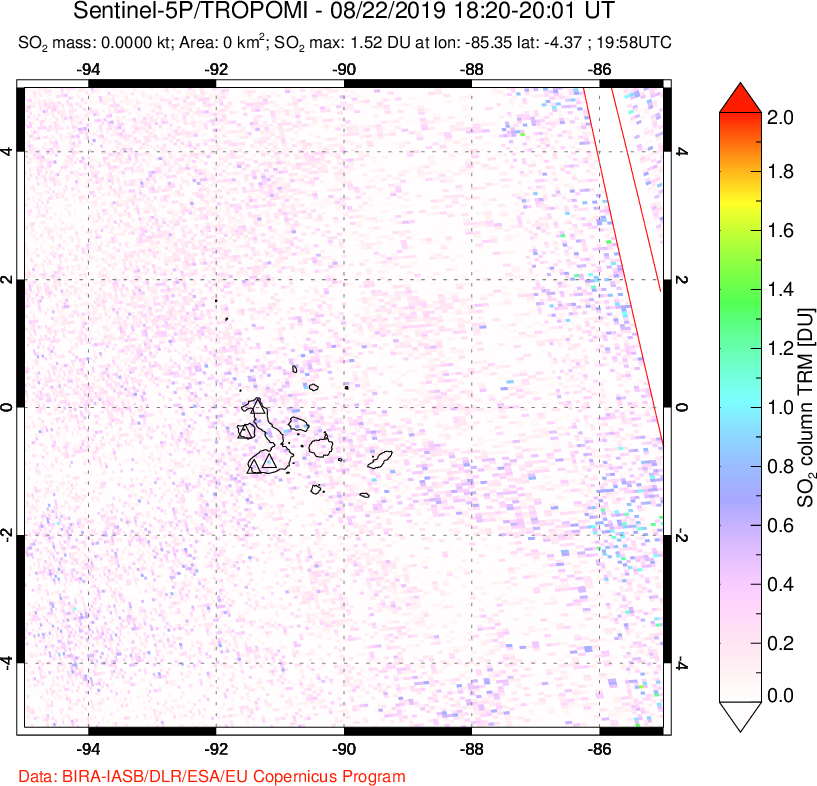 A sulfur dioxide image over Galápagos Islands on Aug 22, 2019.