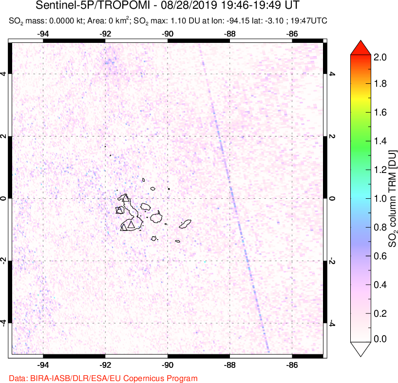 A sulfur dioxide image over Galápagos Islands on Aug 28, 2019.