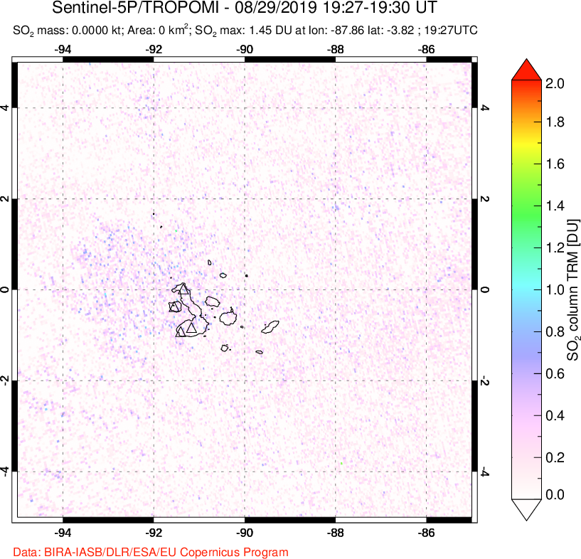 A sulfur dioxide image over Galápagos Islands on Aug 29, 2019.