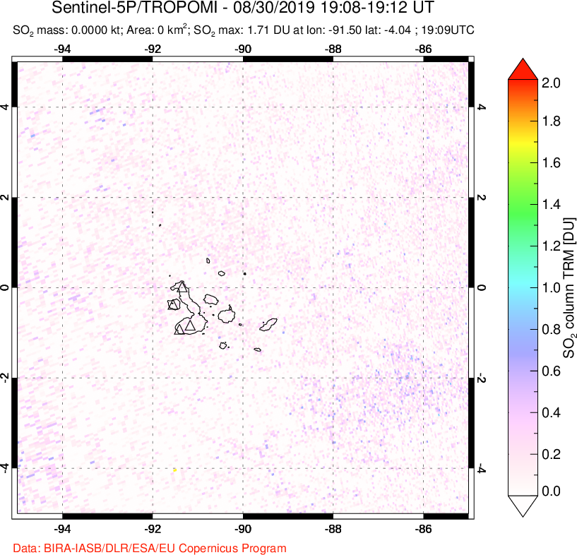 A sulfur dioxide image over Galápagos Islands on Aug 30, 2019.