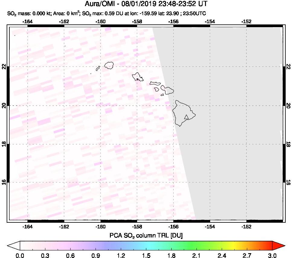 A sulfur dioxide image over Hawaii, USA on Aug 01, 2019.