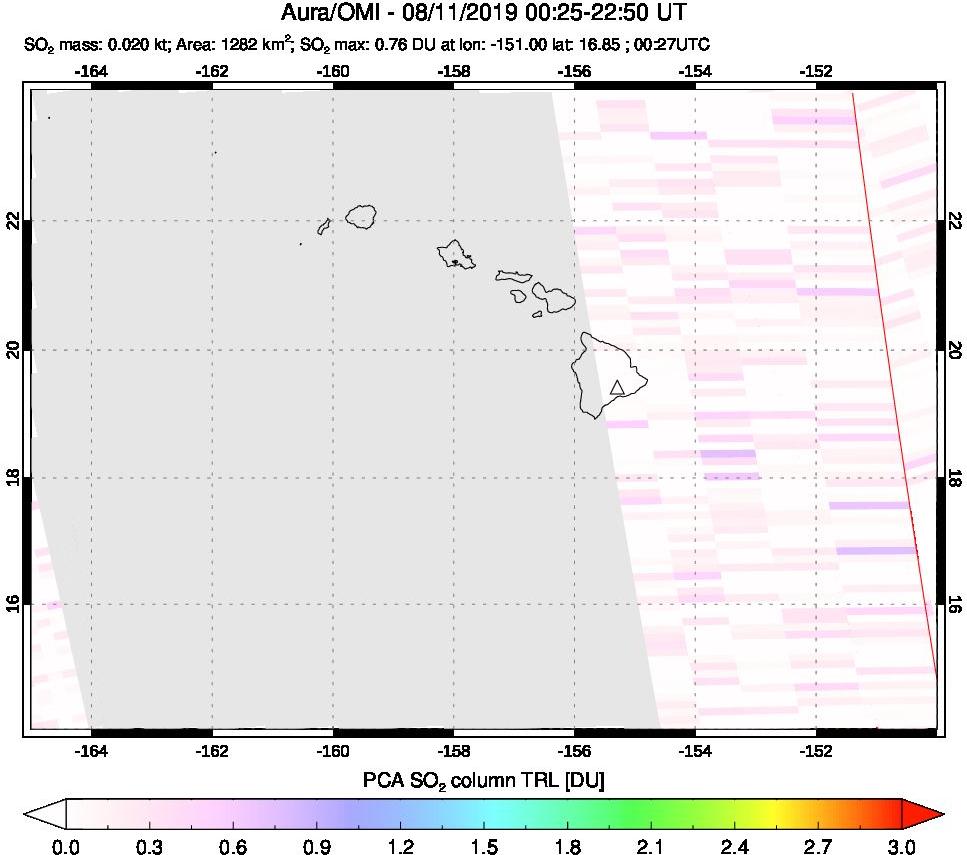 A sulfur dioxide image over Hawaii, USA on Aug 11, 2019.