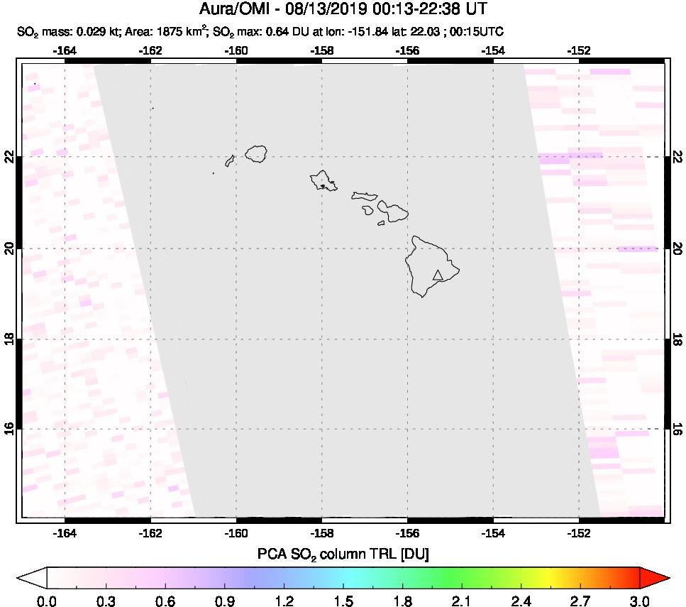A sulfur dioxide image over Hawaii, USA on Aug 13, 2019.