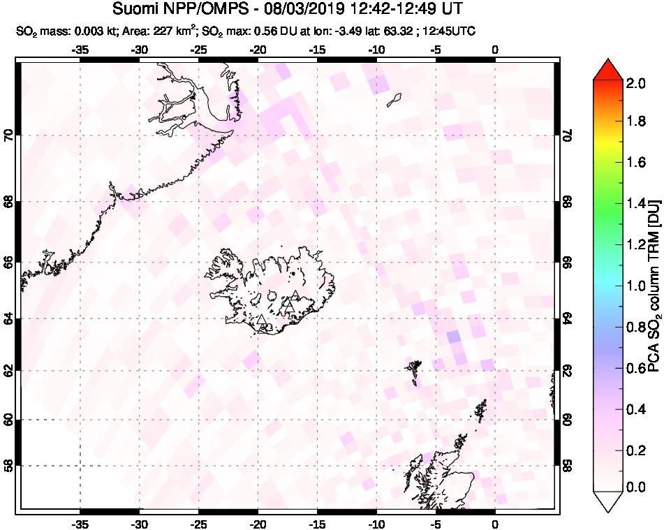 A sulfur dioxide image over Iceland on Aug 03, 2019.