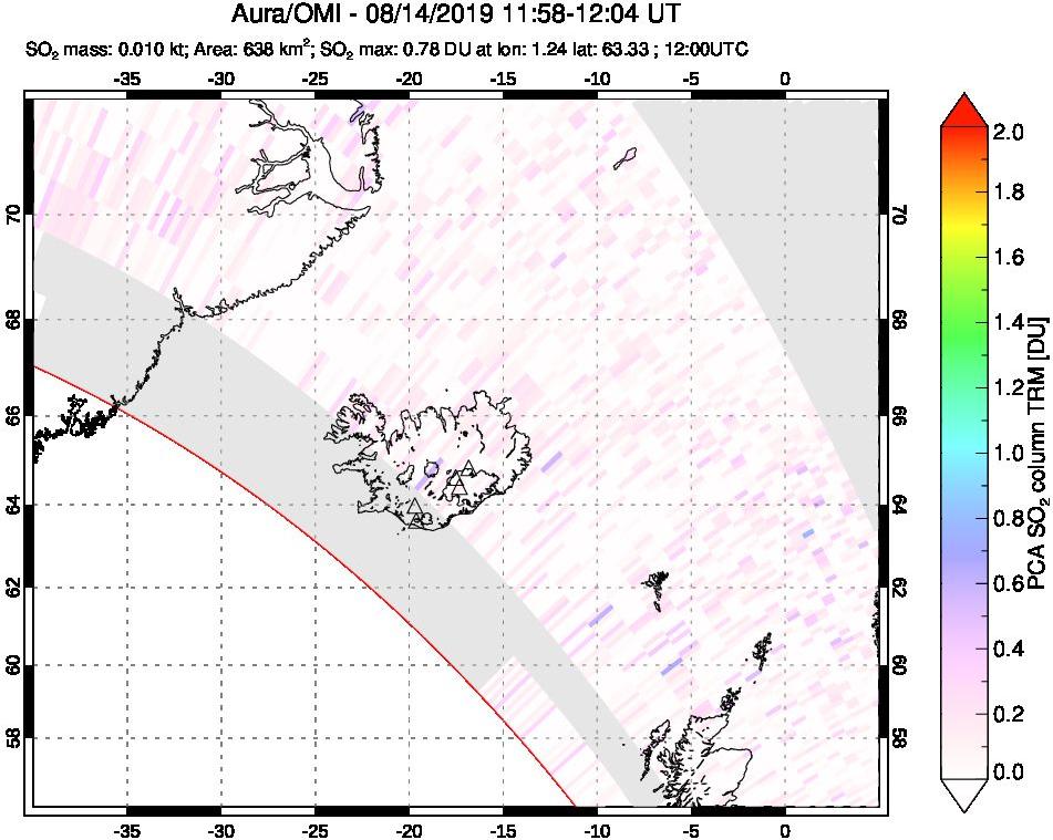 A sulfur dioxide image over Iceland on Aug 14, 2019.