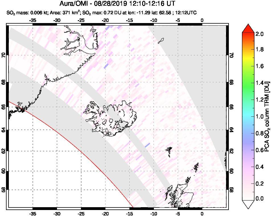 A sulfur dioxide image over Iceland on Aug 28, 2019.