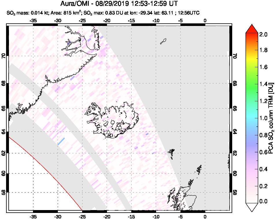 A sulfur dioxide image over Iceland on Aug 29, 2019.