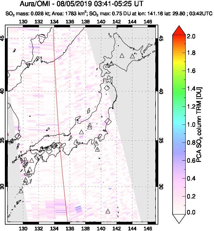 A sulfur dioxide image over Japan on Aug 05, 2019.