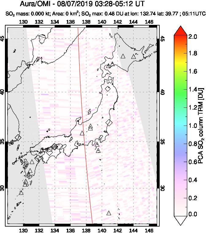 A sulfur dioxide image over Japan on Aug 07, 2019.