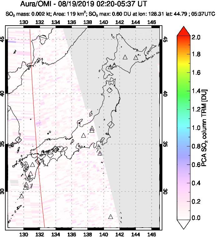 A sulfur dioxide image over Japan on Aug 19, 2019.