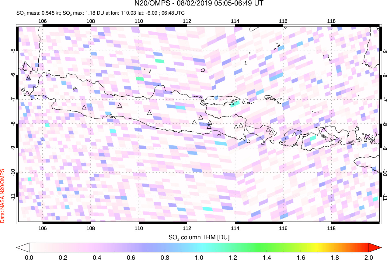 A sulfur dioxide image over Java, Indonesia on Aug 02, 2019.