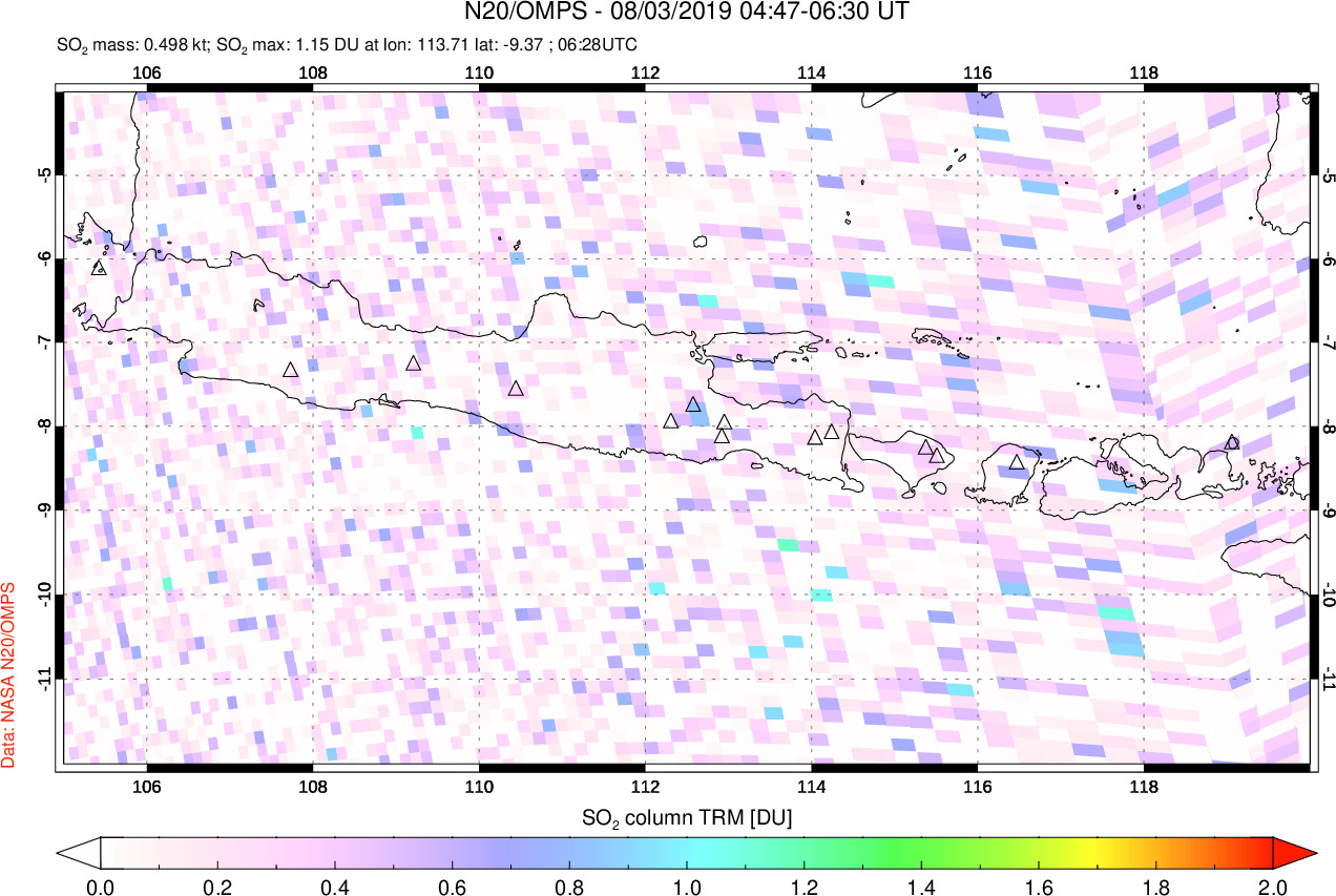 A sulfur dioxide image over Java, Indonesia on Aug 03, 2019.