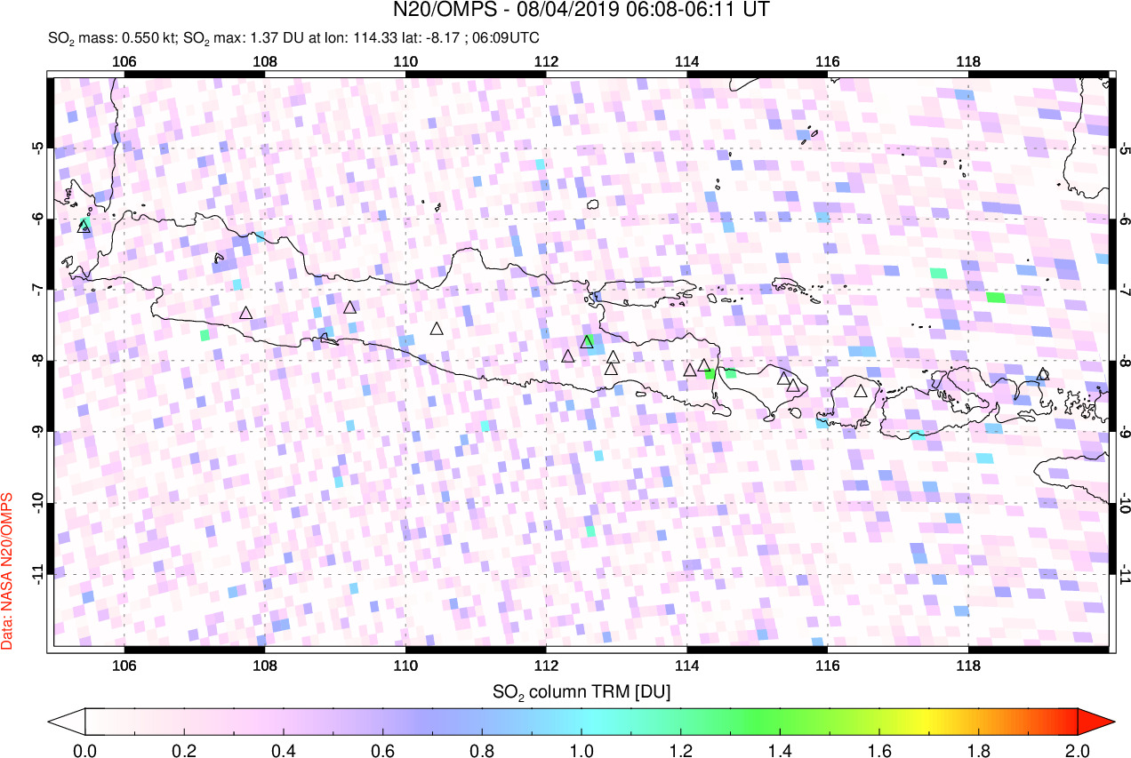 A sulfur dioxide image over Java, Indonesia on Aug 04, 2019.