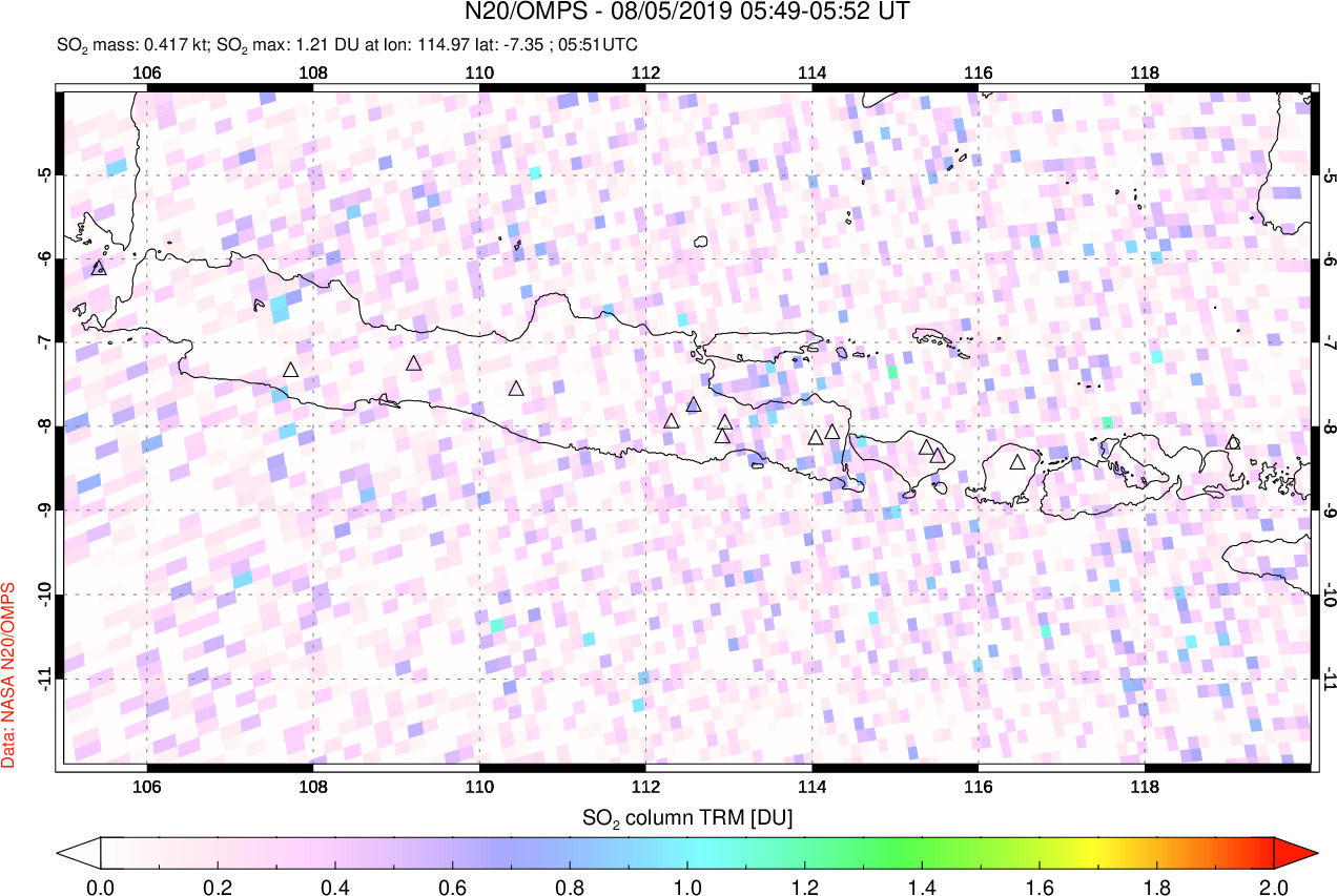 A sulfur dioxide image over Java, Indonesia on Aug 05, 2019.