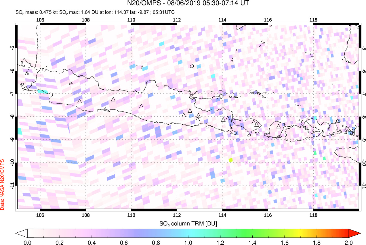 A sulfur dioxide image over Java, Indonesia on Aug 06, 2019.