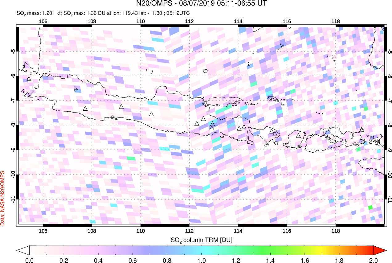 A sulfur dioxide image over Java, Indonesia on Aug 07, 2019.