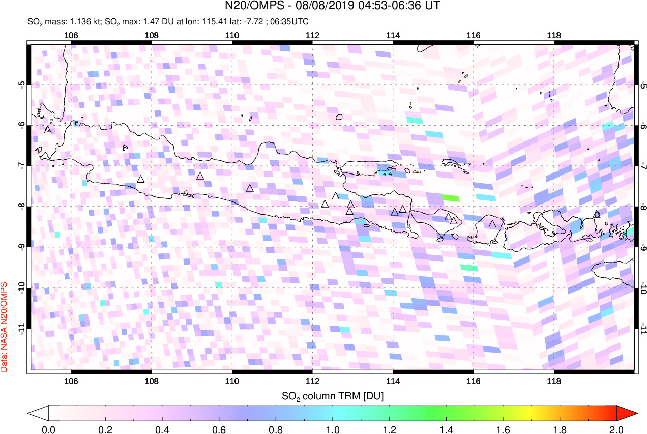 A sulfur dioxide image over Java, Indonesia on Aug 08, 2019.