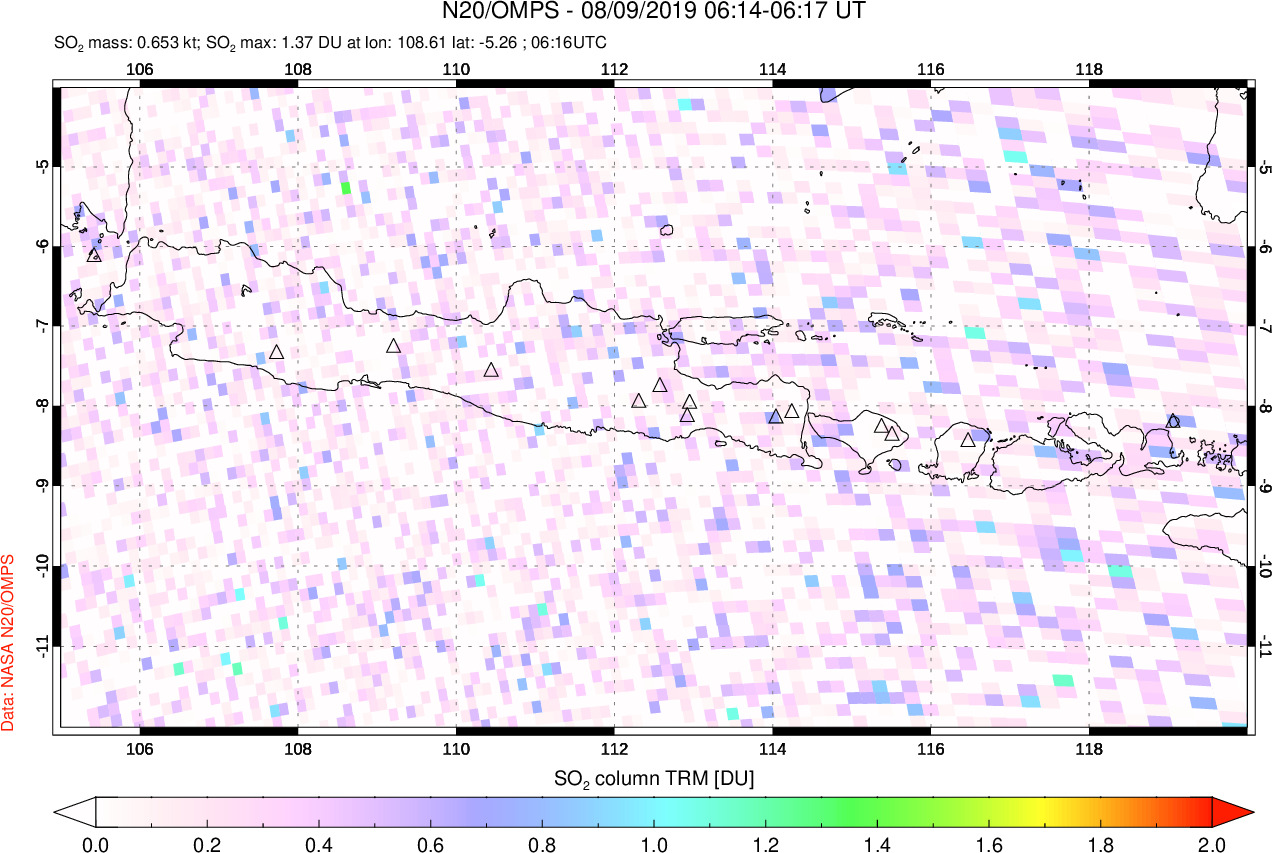 A sulfur dioxide image over Java, Indonesia on Aug 09, 2019.