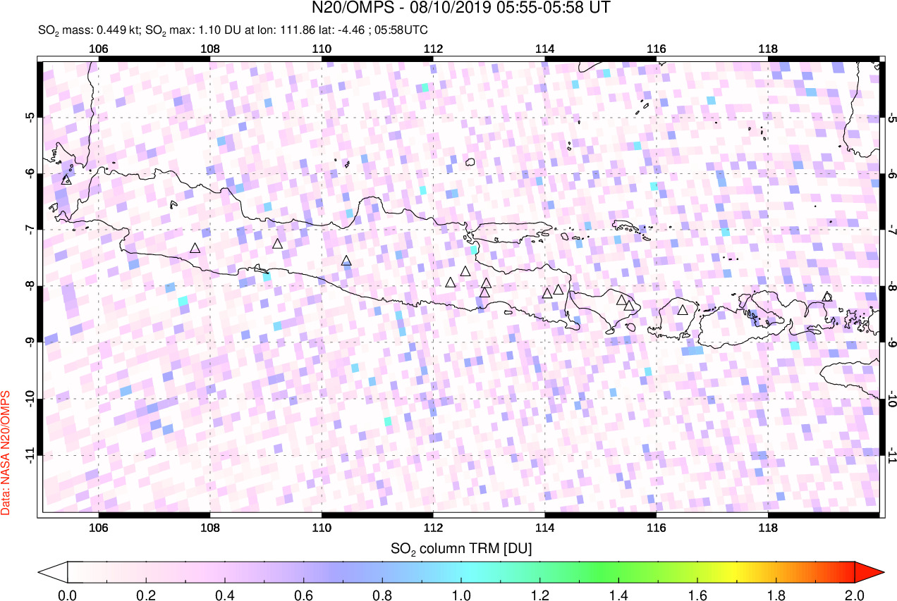 A sulfur dioxide image over Java, Indonesia on Aug 10, 2019.
