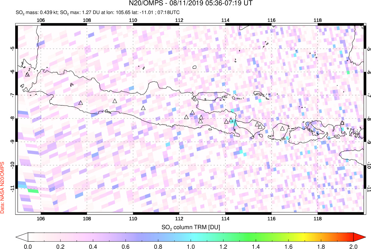 A sulfur dioxide image over Java, Indonesia on Aug 11, 2019.