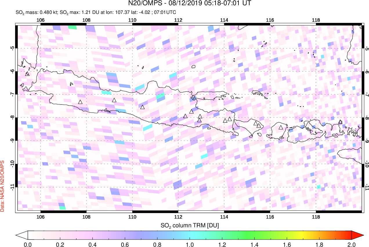 A sulfur dioxide image over Java, Indonesia on Aug 12, 2019.