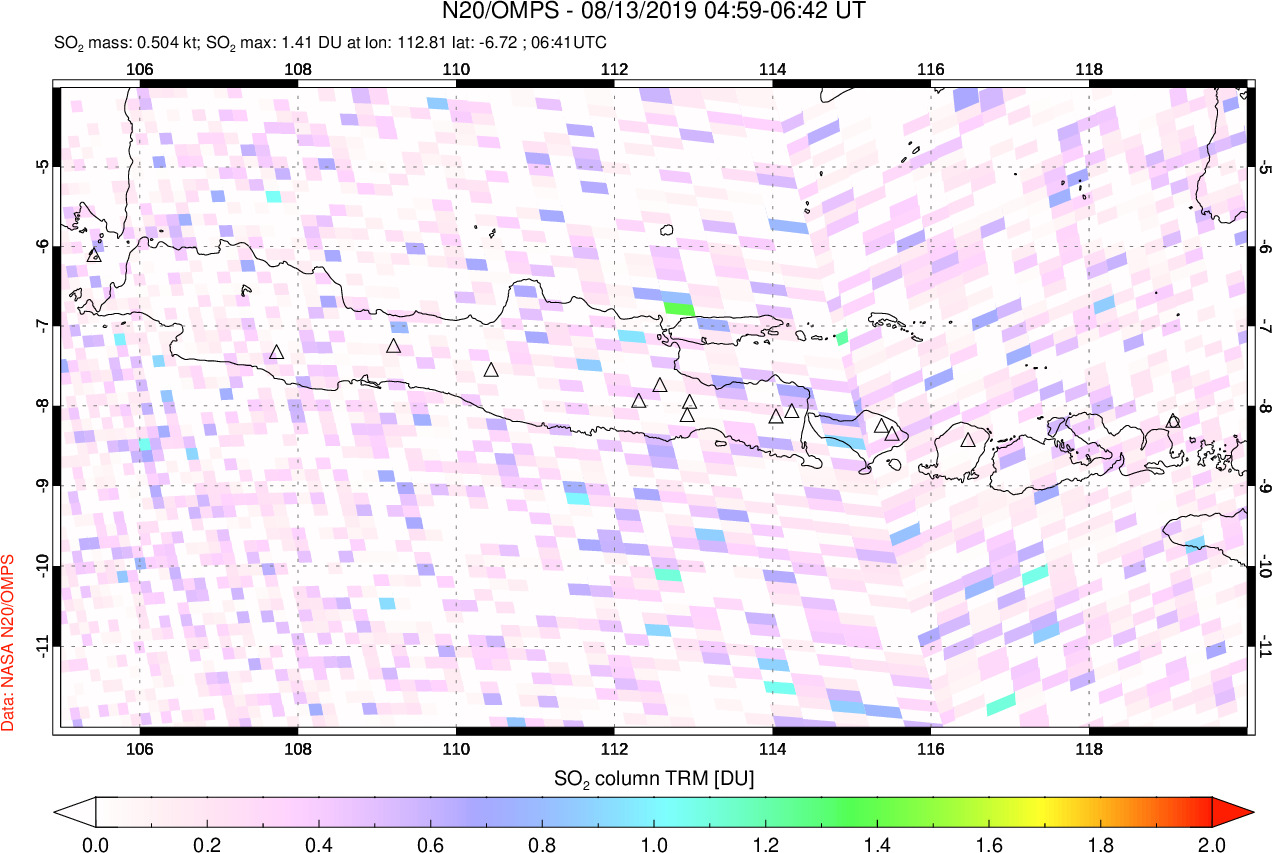 A sulfur dioxide image over Java, Indonesia on Aug 13, 2019.