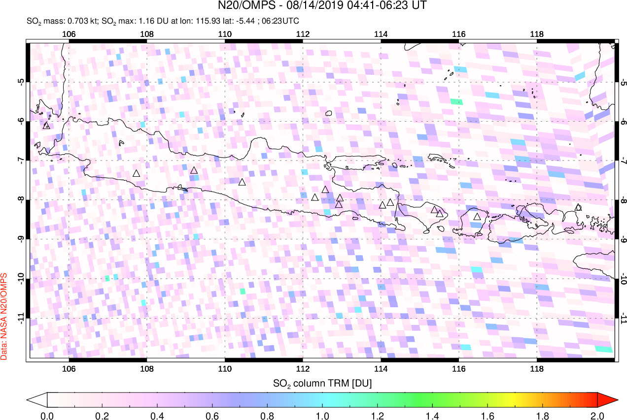 A sulfur dioxide image over Java, Indonesia on Aug 14, 2019.