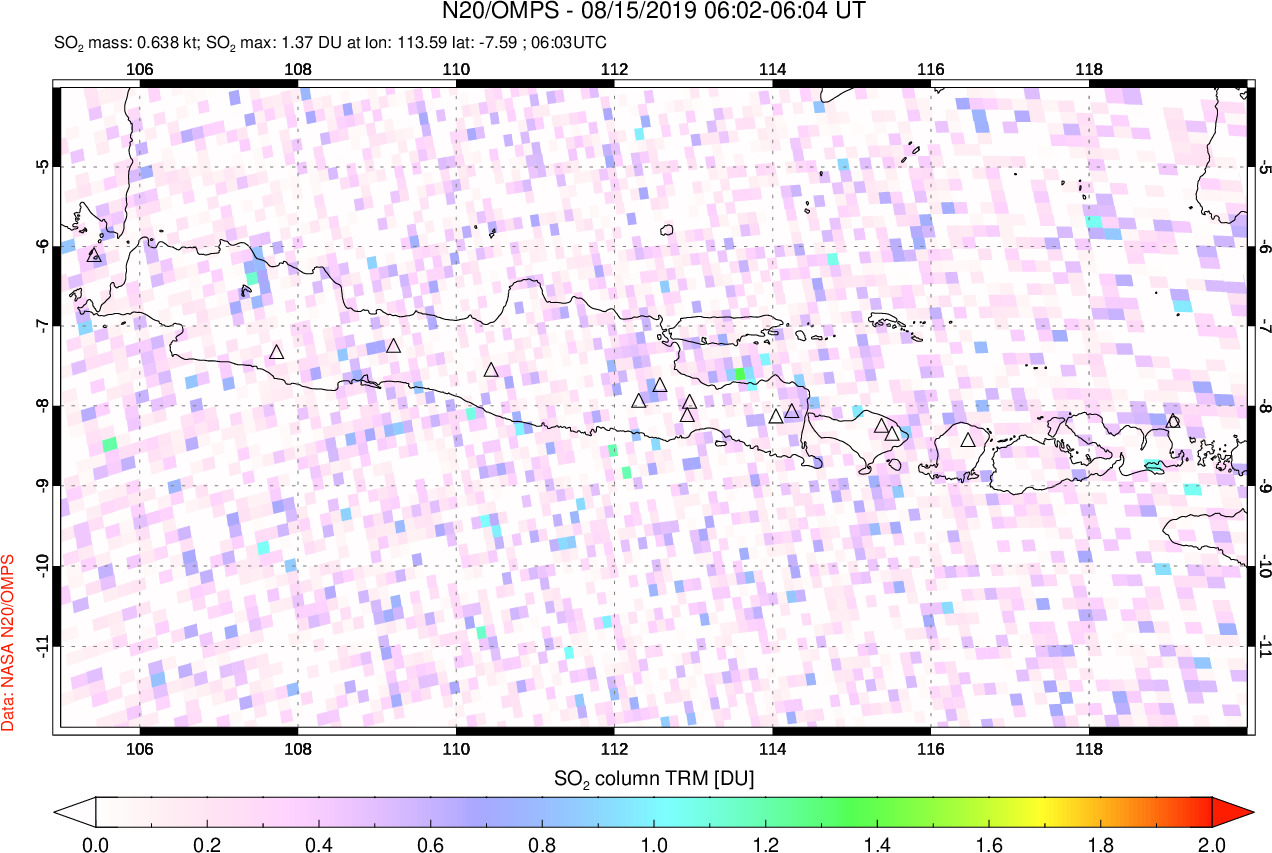 A sulfur dioxide image over Java, Indonesia on Aug 15, 2019.