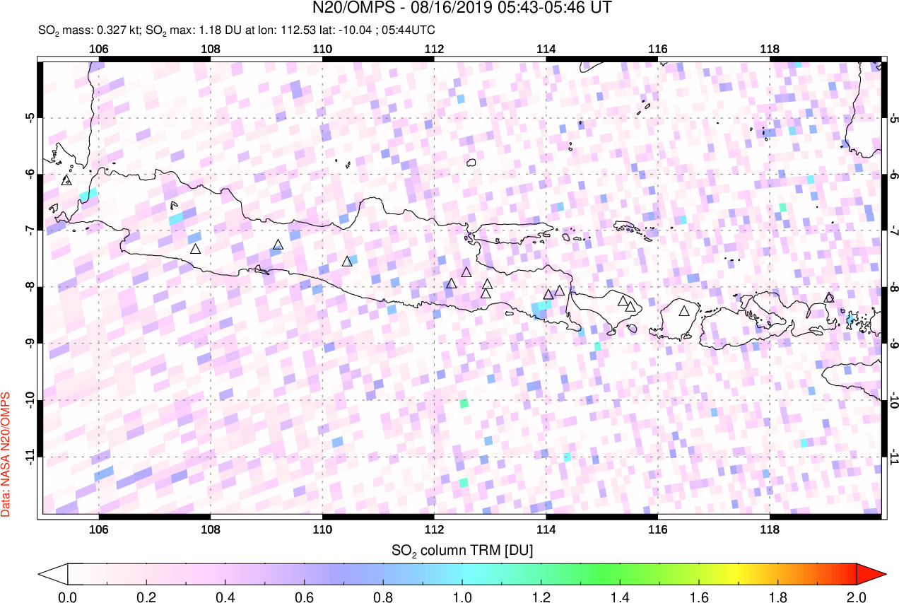 A sulfur dioxide image over Java, Indonesia on Aug 16, 2019.