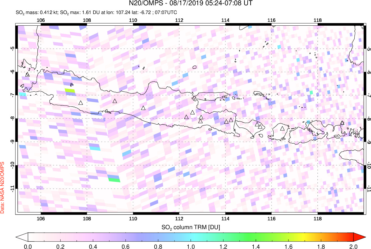 A sulfur dioxide image over Java, Indonesia on Aug 17, 2019.