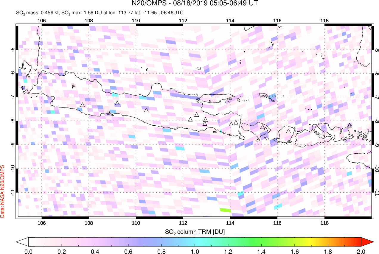 A sulfur dioxide image over Java, Indonesia on Aug 18, 2019.