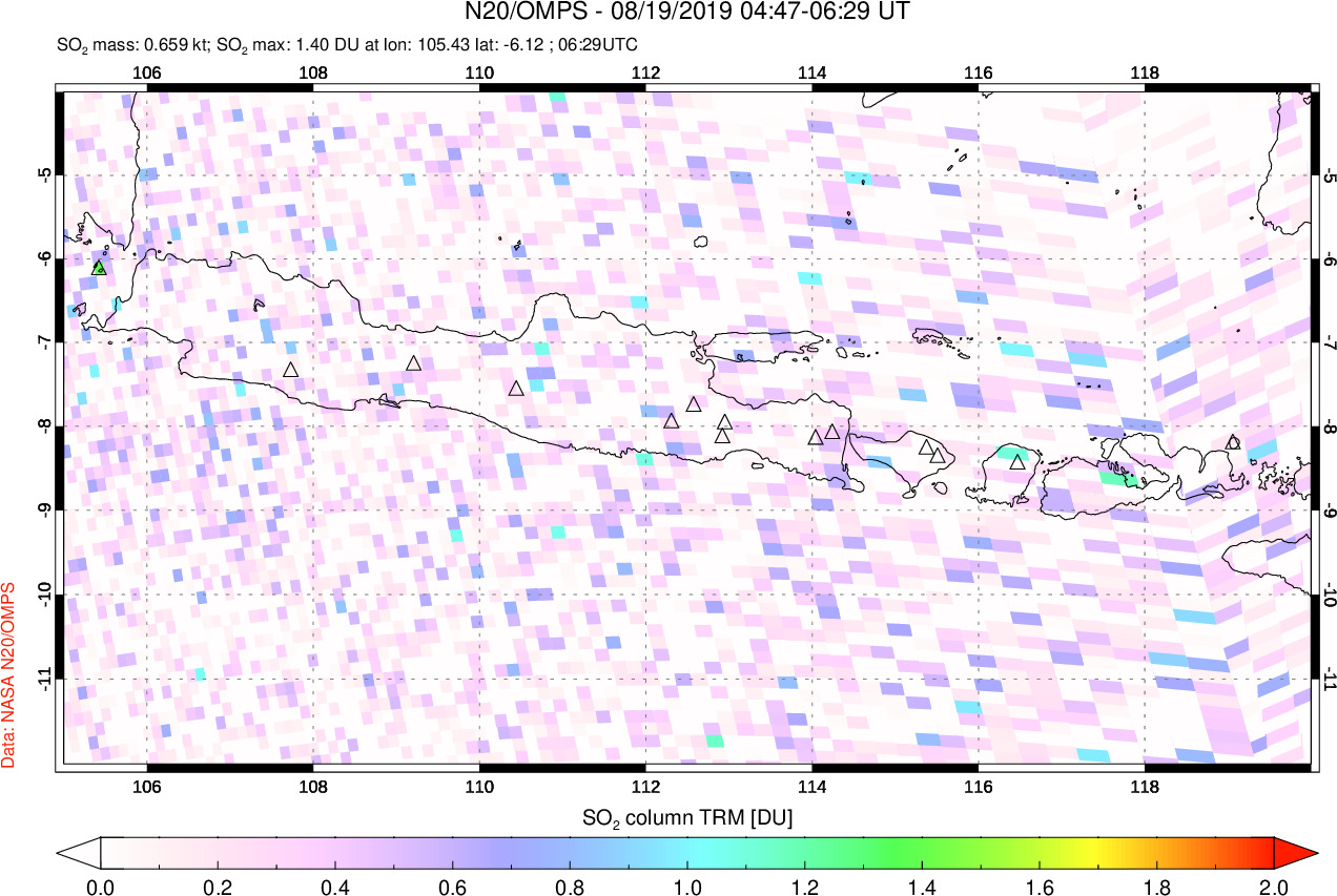 A sulfur dioxide image over Java, Indonesia on Aug 19, 2019.