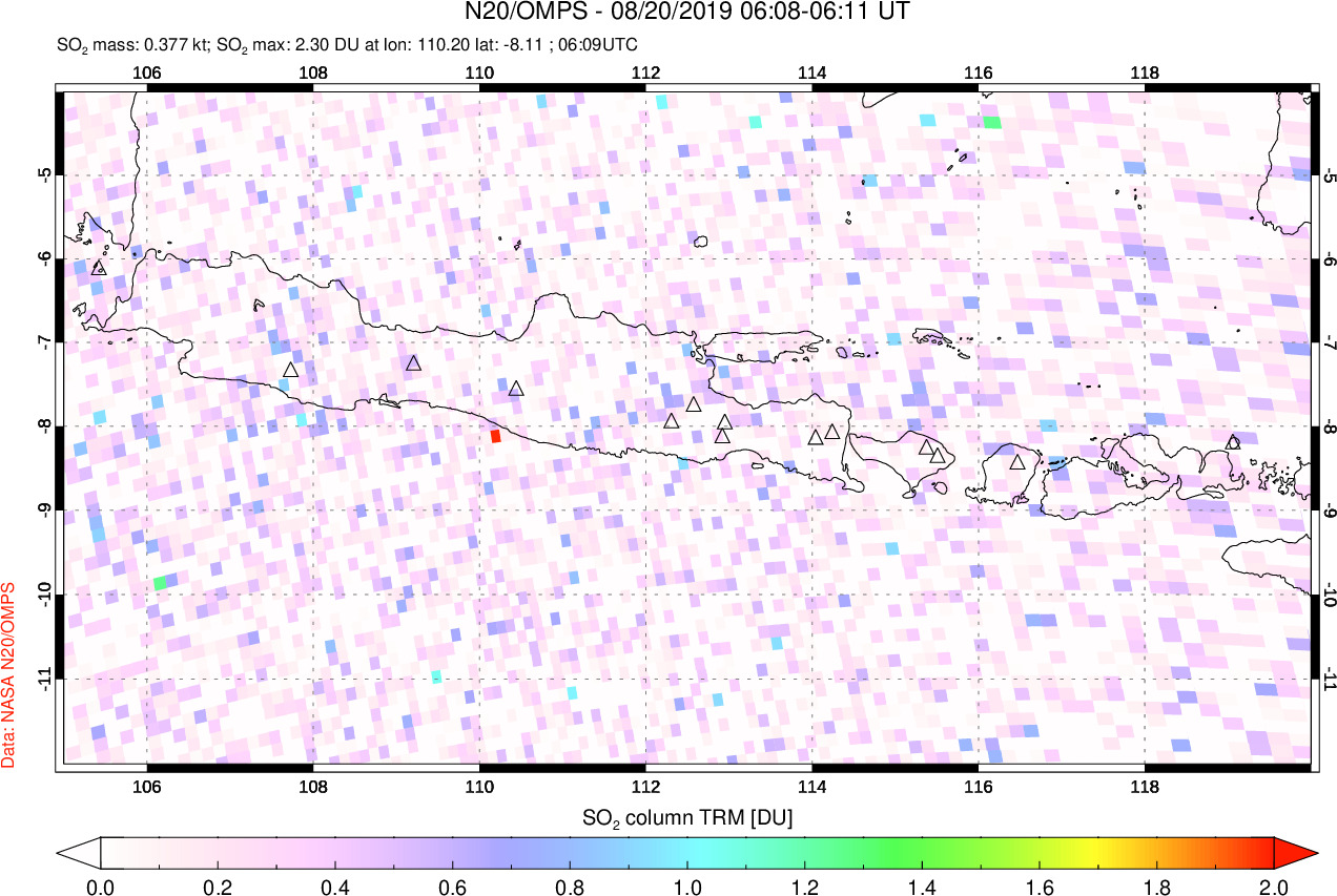 A sulfur dioxide image over Java, Indonesia on Aug 20, 2019.
