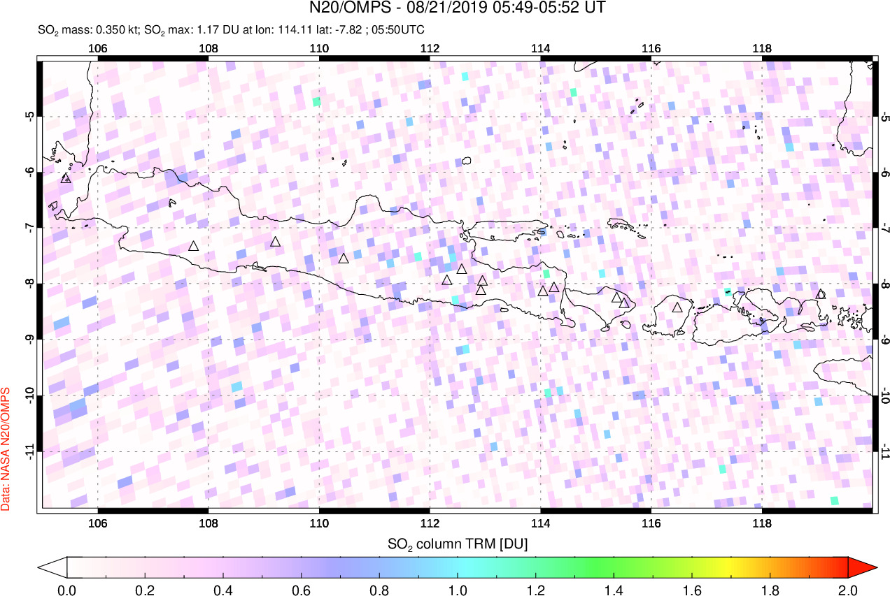 A sulfur dioxide image over Java, Indonesia on Aug 21, 2019.