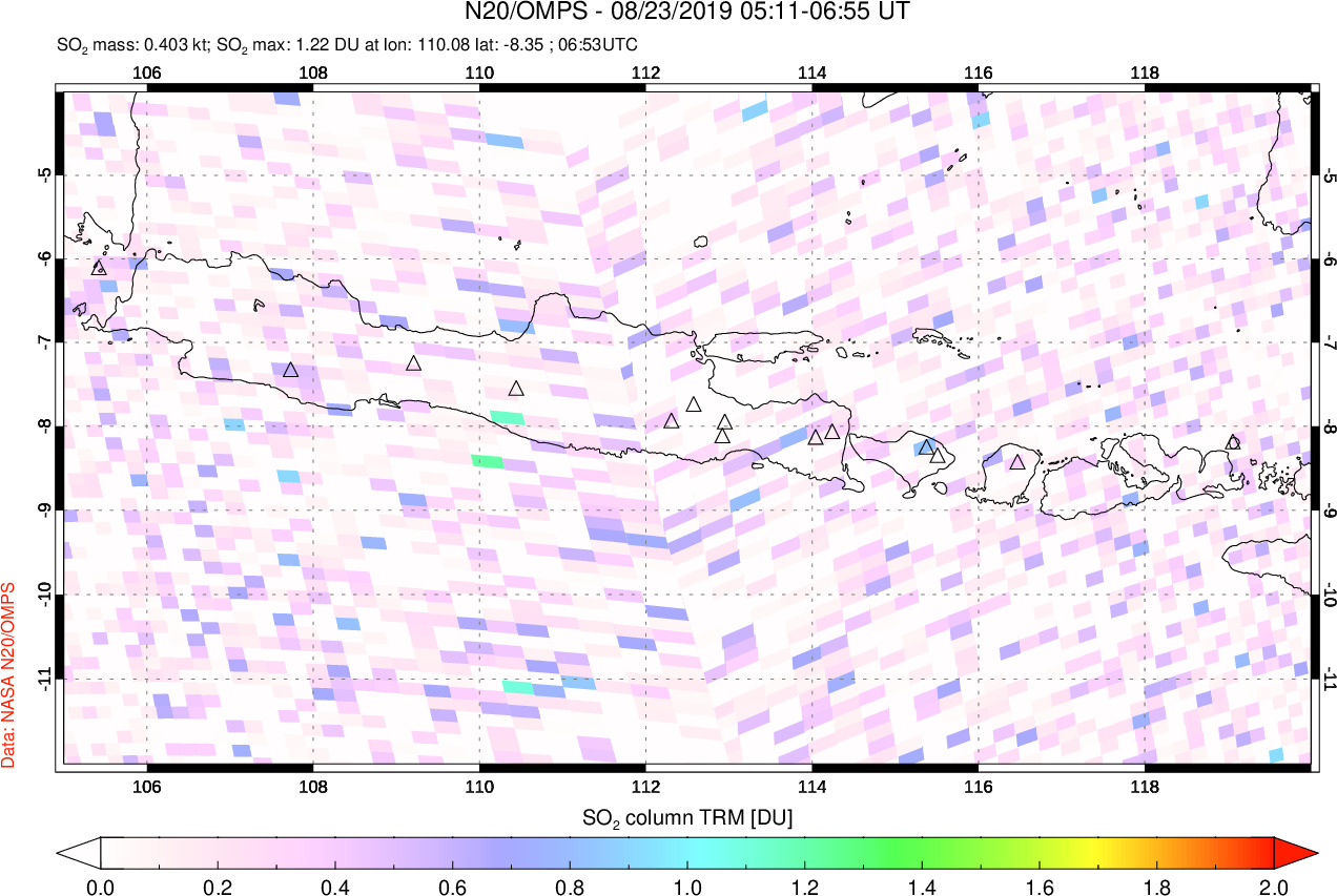 A sulfur dioxide image over Java, Indonesia on Aug 23, 2019.