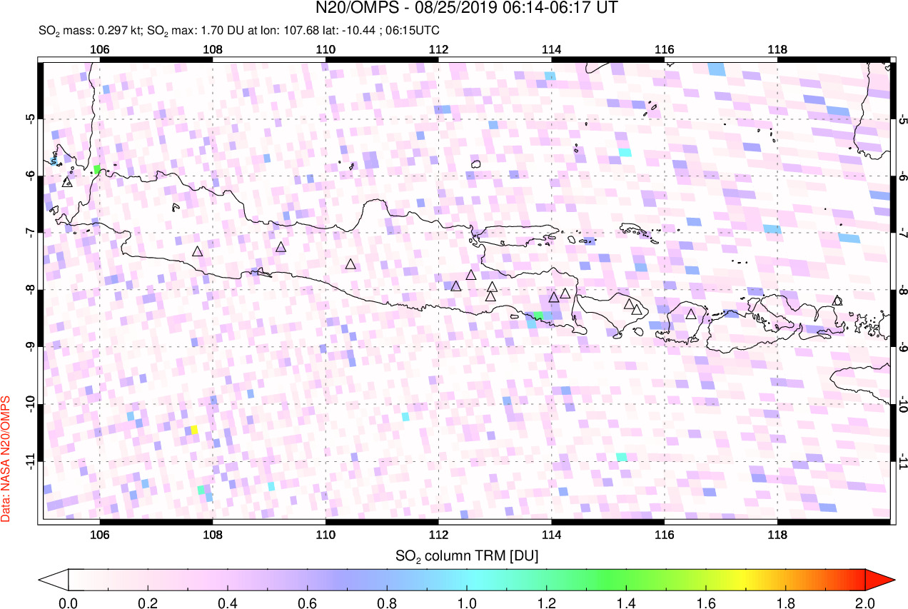 A sulfur dioxide image over Java, Indonesia on Aug 25, 2019.