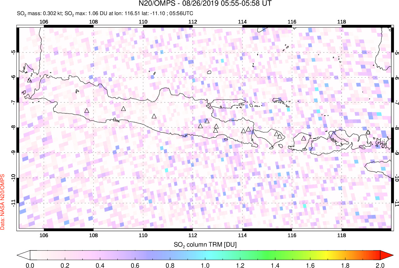 A sulfur dioxide image over Java, Indonesia on Aug 26, 2019.