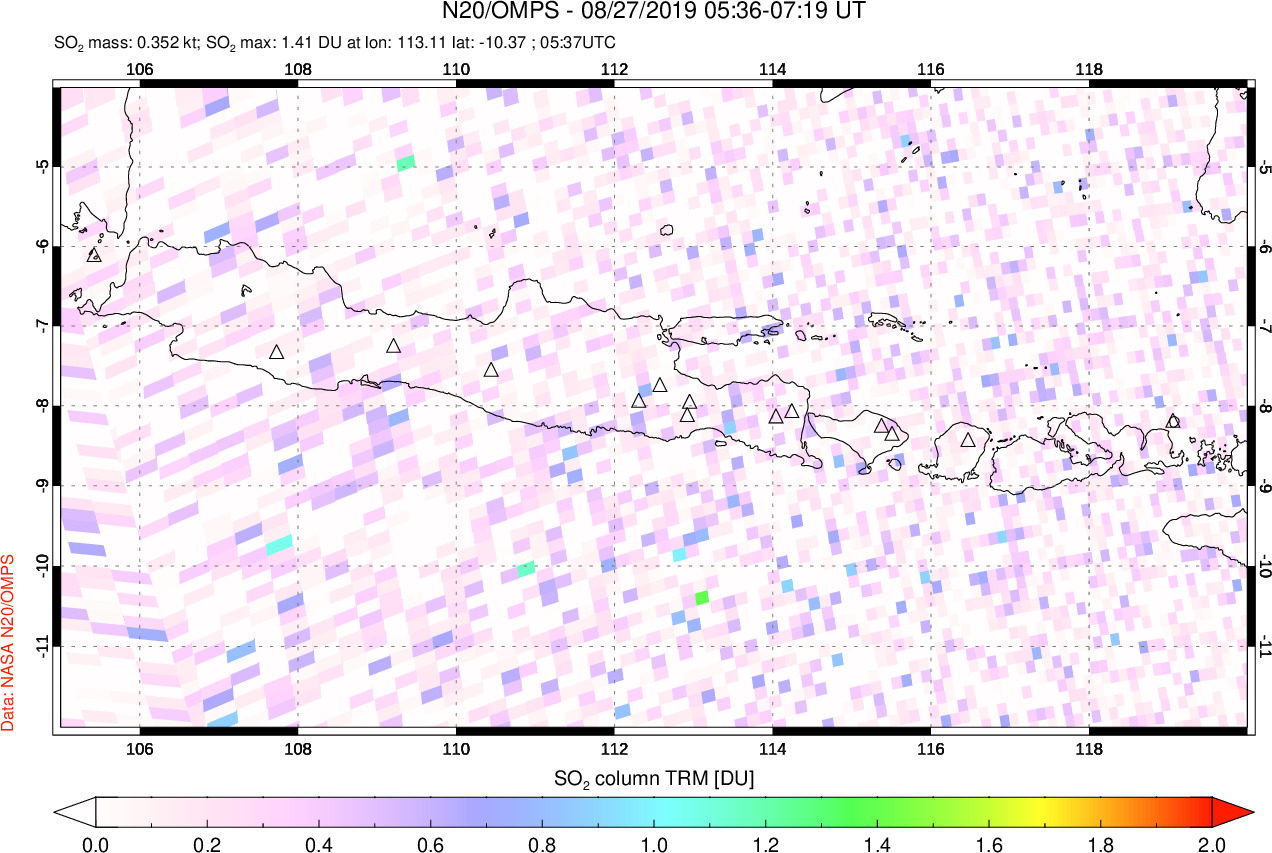 A sulfur dioxide image over Java, Indonesia on Aug 27, 2019.