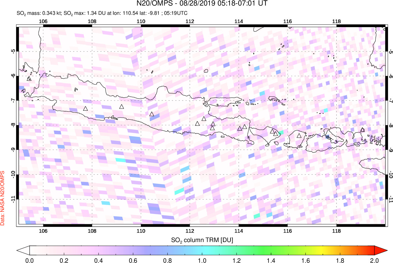 A sulfur dioxide image over Java, Indonesia on Aug 28, 2019.